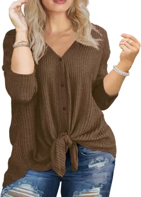 OLRIK Womens Plus Size Tops V Neck Tie Front Blouse Button Up Long Sleeve Waffle Knit Tunic T Shirts OLRIK Womens Plus Size Tops V Neck Tie Front Blouse Button Up Long Sleeve Waffle Knit Tunic T Shirts