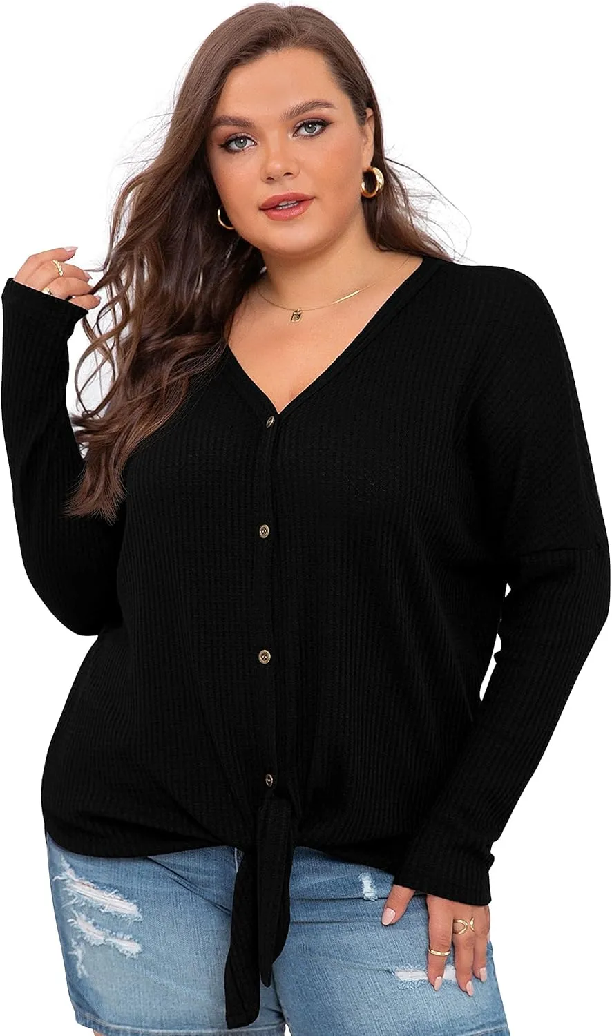 OLRIK Womens Plus Size Tops V Neck Tie Front Blouse Button Up Long Sleeve Waffle Knit Tunic T Shirts