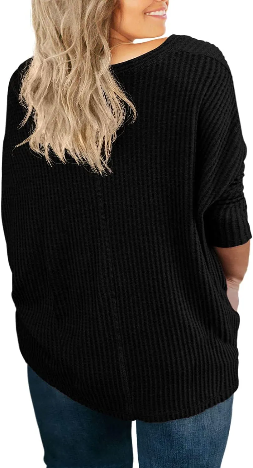OLRIK Womens Plus Size Tops V Neck Tie Front Blouse Button Up Long Sleeve Waffle Knit Tunic T Shirts
