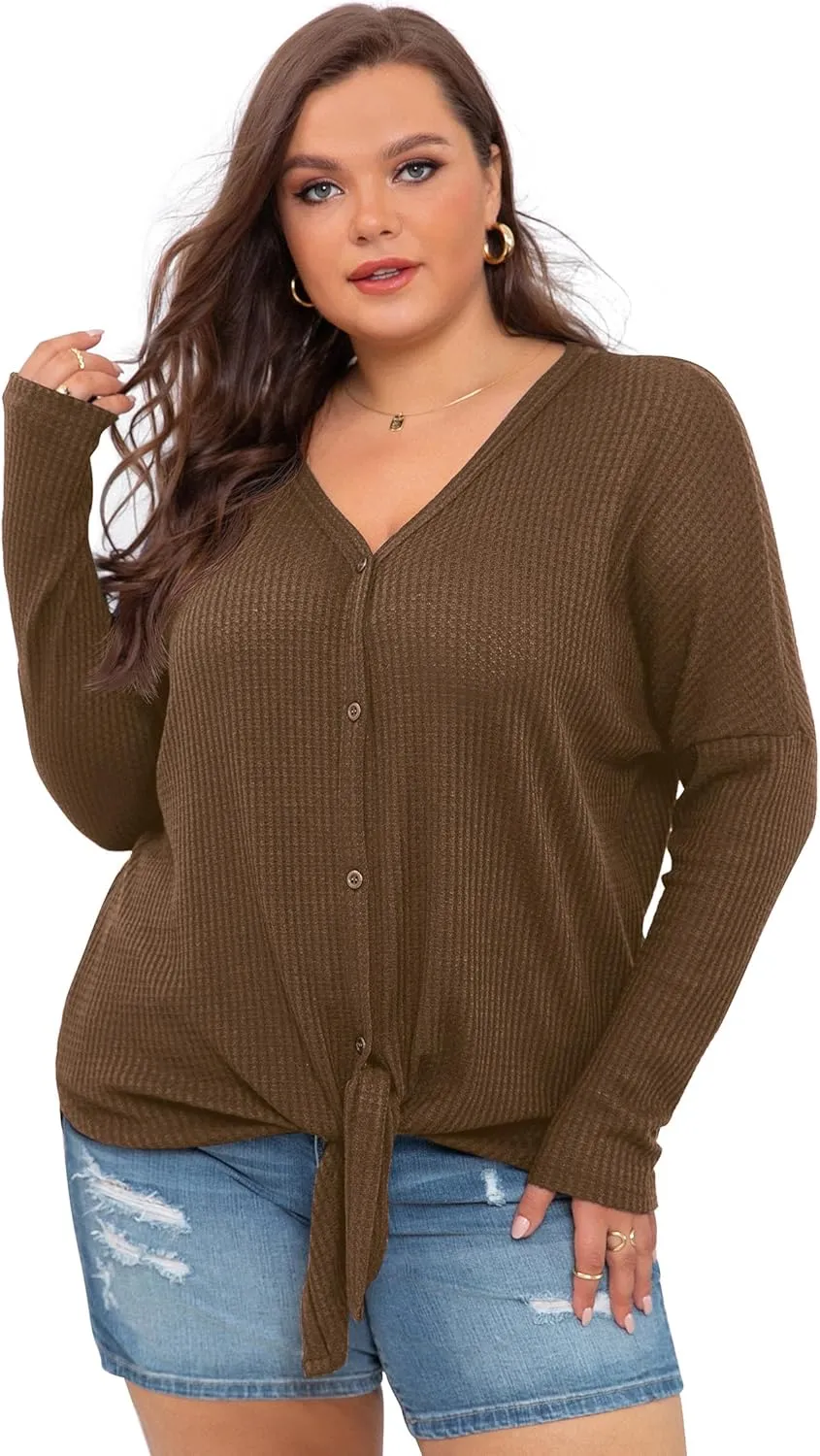 OLRIK Womens Plus Size Tops V Neck Tie Front Blouse Button Up Long Sleeve Waffle Knit Tunic T Shirts
