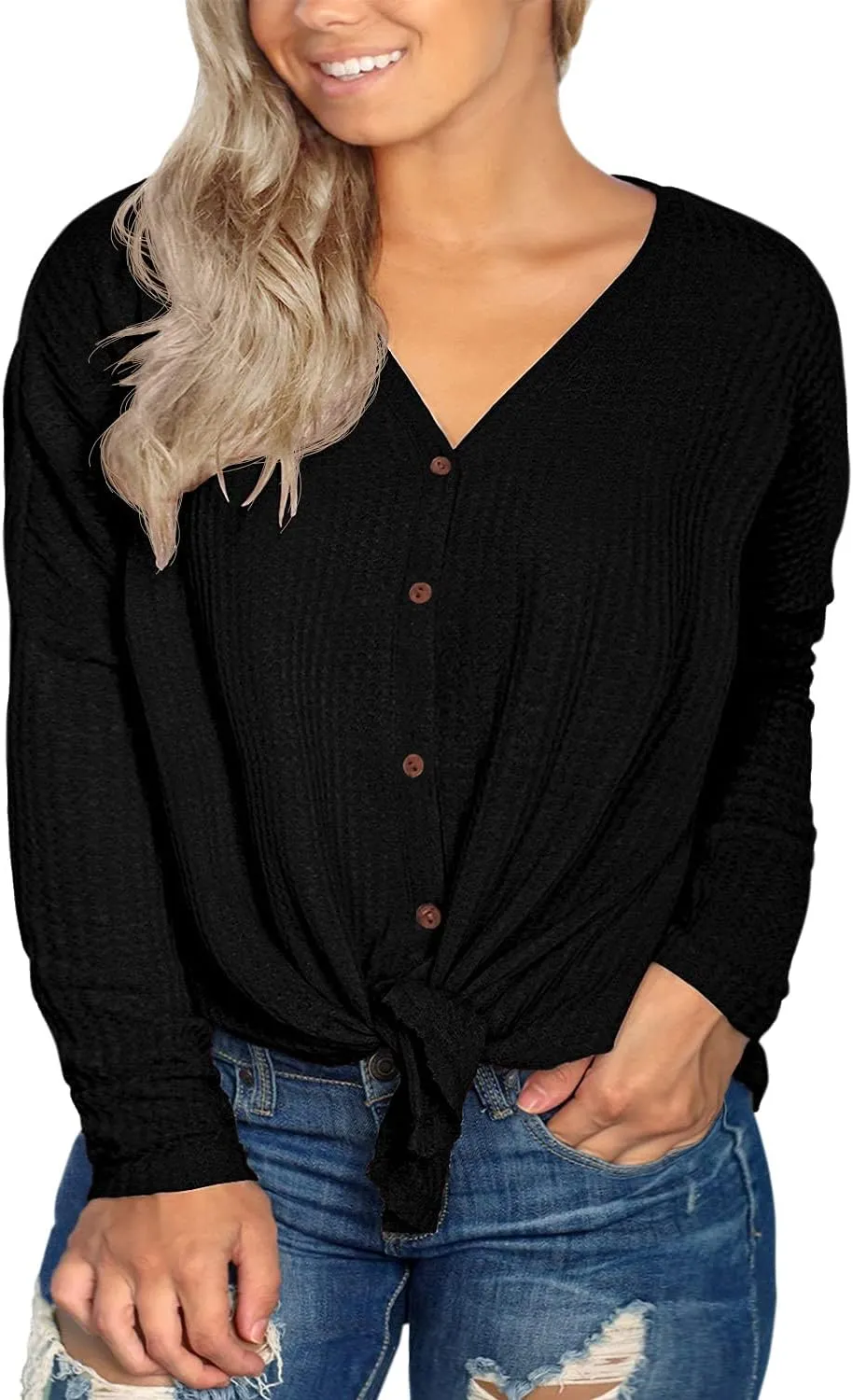 OLRIK Womens Plus Size Tops V Neck Tie Front Blouse Button Up Long Sleeve Waffle Knit Tunic T Shirts