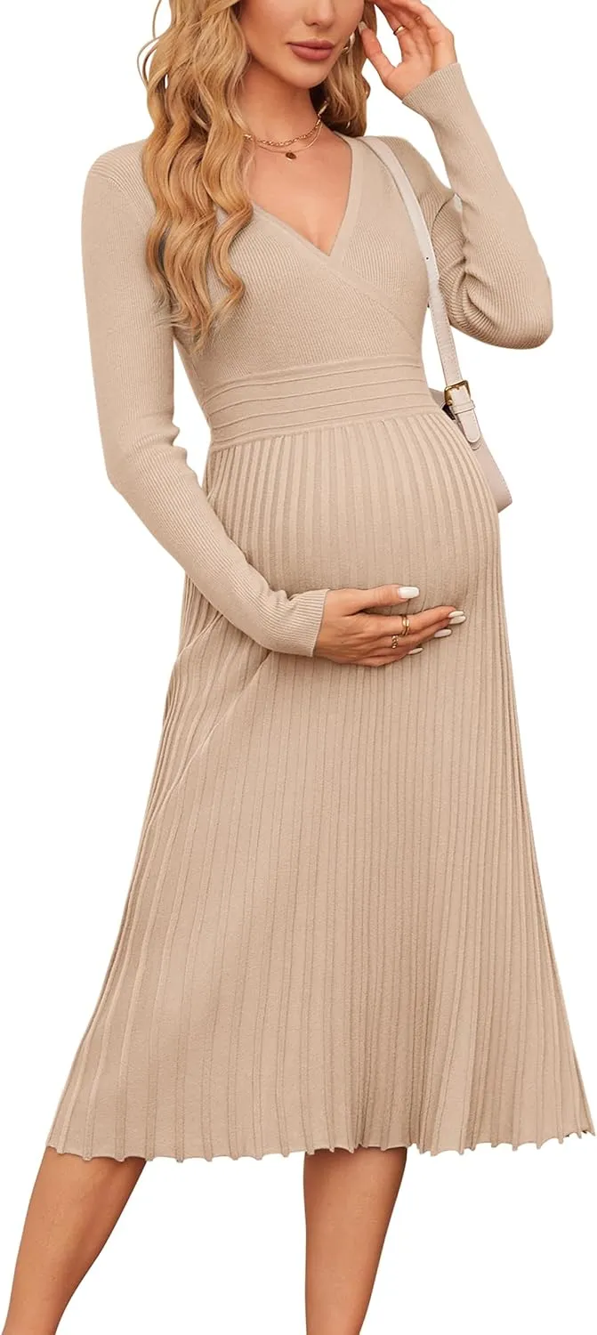 OUGES Womens 2024 Fall Maternity Dress Long Sleeve Wrap V Neck Pleated Midi Dress Casual Sweater Dress Trendy Outfits