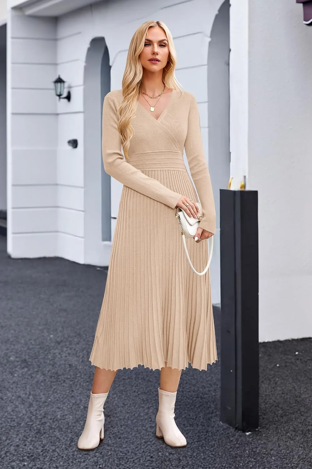 OUGES Womens 2024 Fall Maternity Dress Long Sleeve Wrap V Neck Pleated Midi Dress Casual Sweater Dress Trendy Outfits