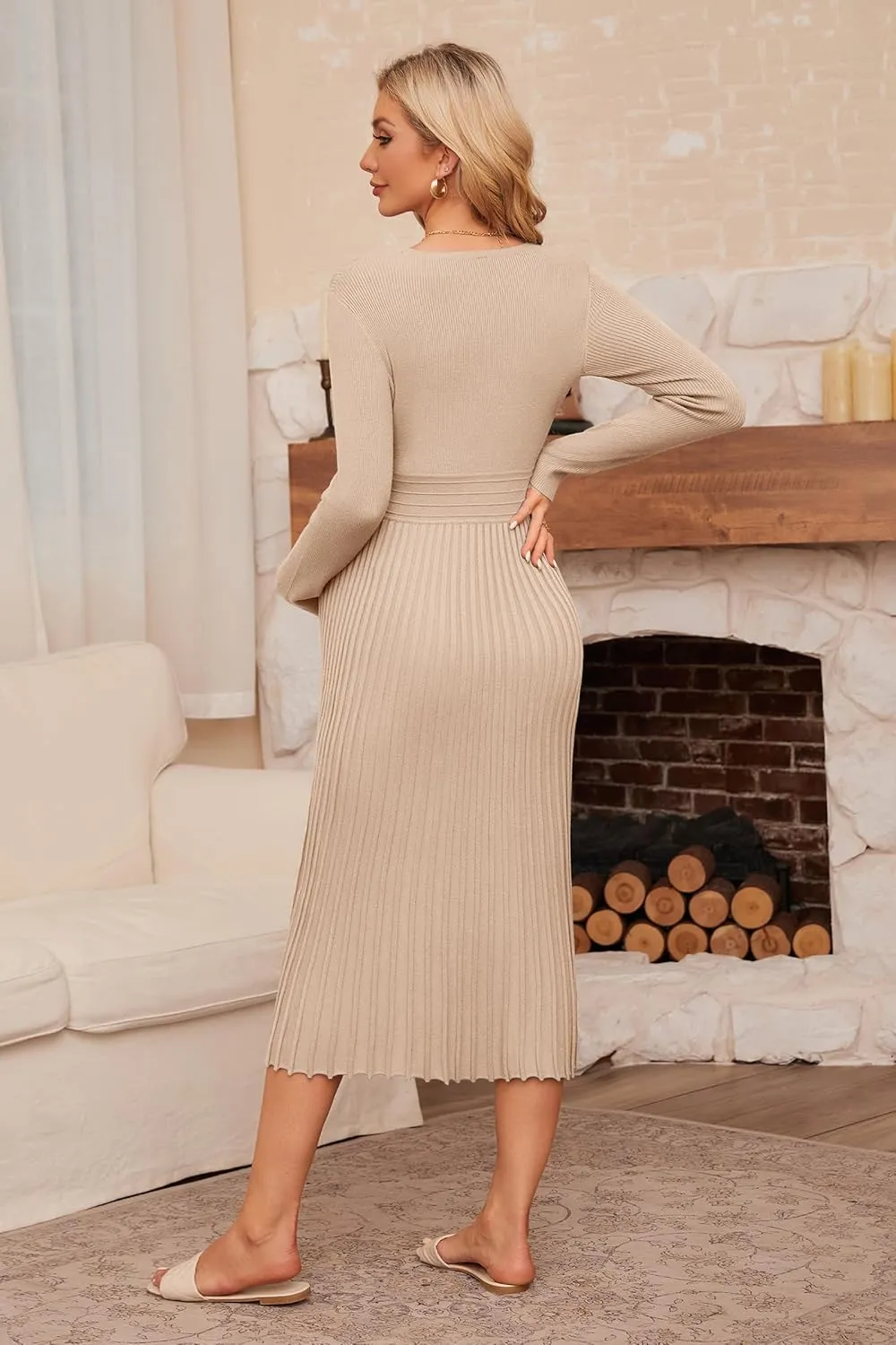 OUGES Womens 2024 Fall Maternity Dress Long Sleeve Wrap V Neck Pleated Midi Dress Casual Sweater Dress Trendy Outfits