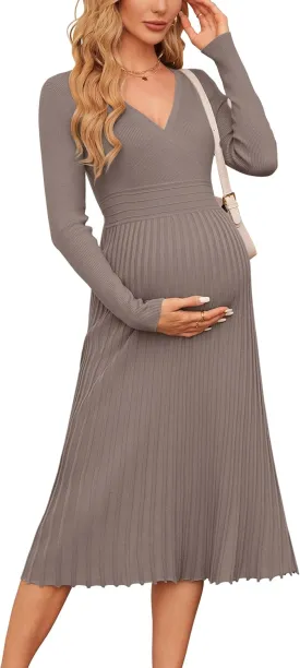 OUGES Womens 2024 Fall Maternity Dress Long Sleeve Wrap V Neck Pleated Midi Dress Casual Sweater Dress Trendy Outfits OUGES Womens 2024 Fall Maternity Dress Long Sleeve Wrap V Neck Pleated Midi Dress Casual Sweater Dress Trendy Outfits