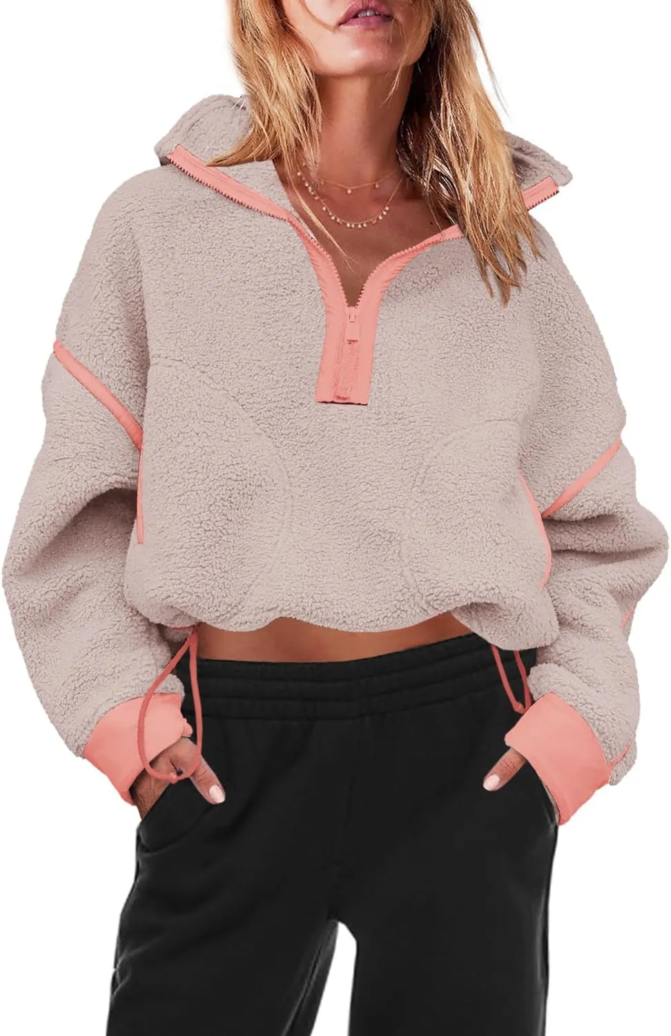 Panadila Womens Half Zip Sherpa Fleece Pullover Soft Oversized Sweatshirt with Pockets Warm Fuzzy Sweater