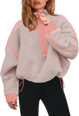 Panadila Womens Half Zip Sherpa Fleece Pullover Soft Oversized Sweatshirt with Pockets Warm Fuzzy Sweater