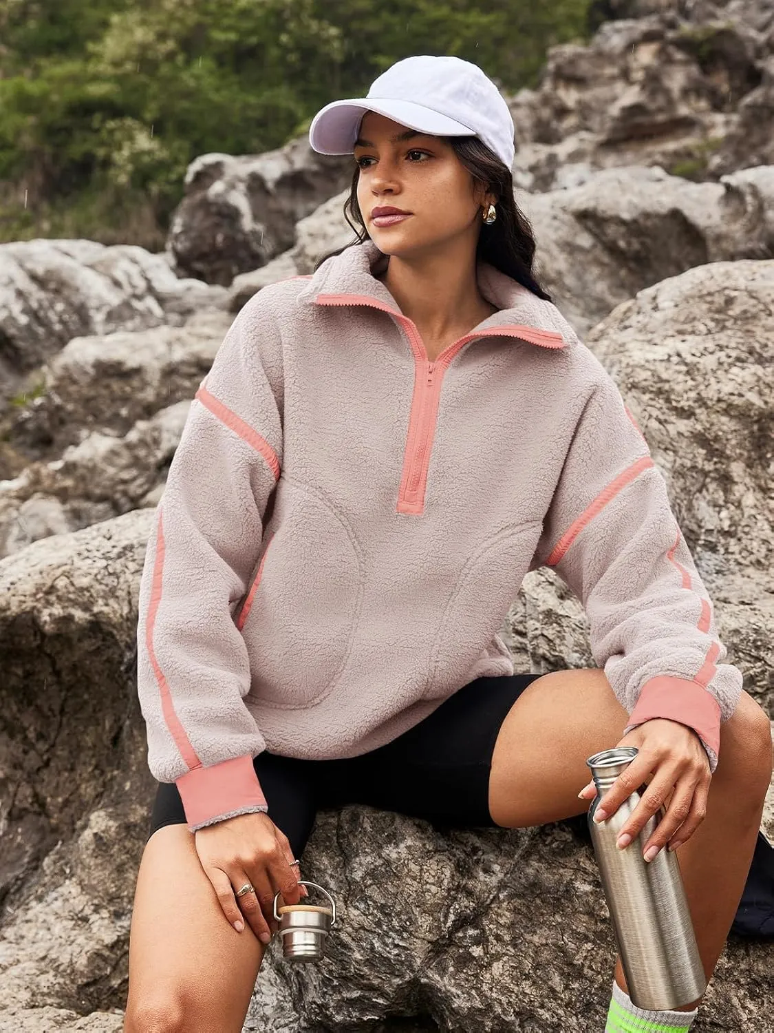 Panadila Womens Half Zip Sherpa Fleece Pullover Soft Oversized Sweatshirt with Pockets Warm Fuzzy Sweater