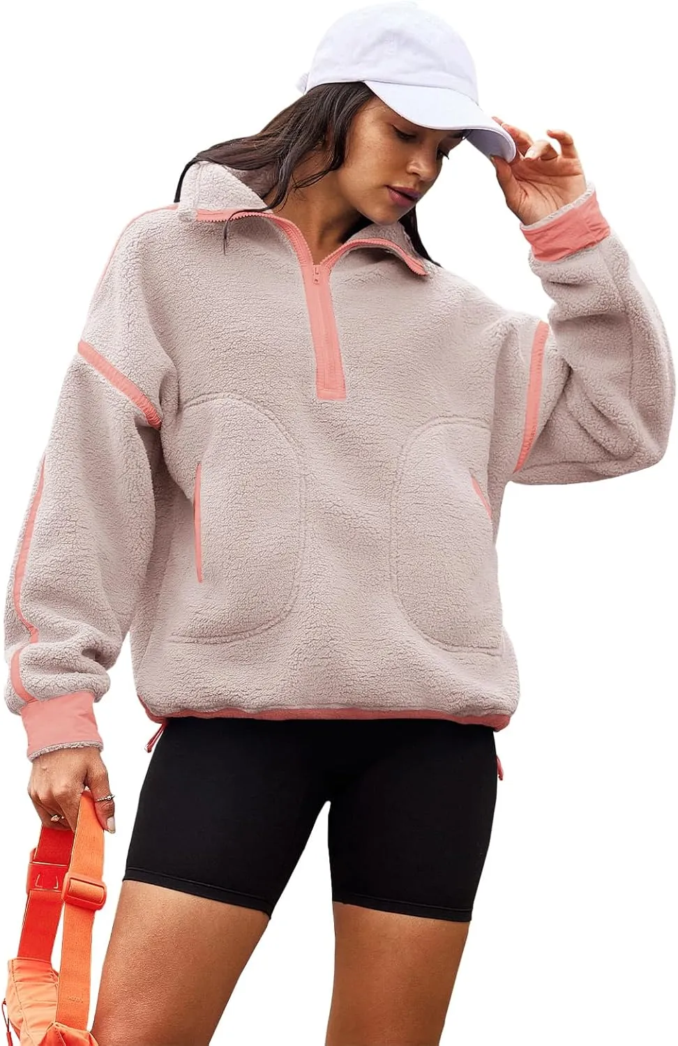 Panadila Womens Half Zip Sherpa Fleece Pullover Soft Oversized Sweatshirt with Pockets Warm Fuzzy Sweater