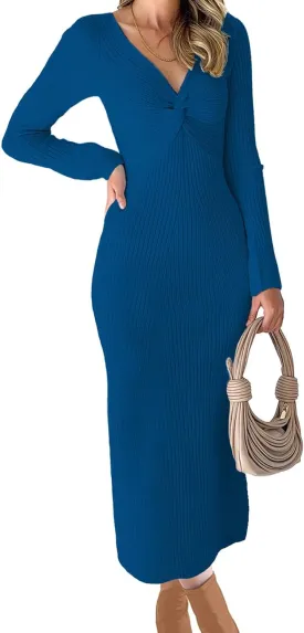 RAISECOM Womens Ribbed Knit Maxi Dresses Long Sleeve V Neck Casual Sweater Dress Bodycon Midi Dress