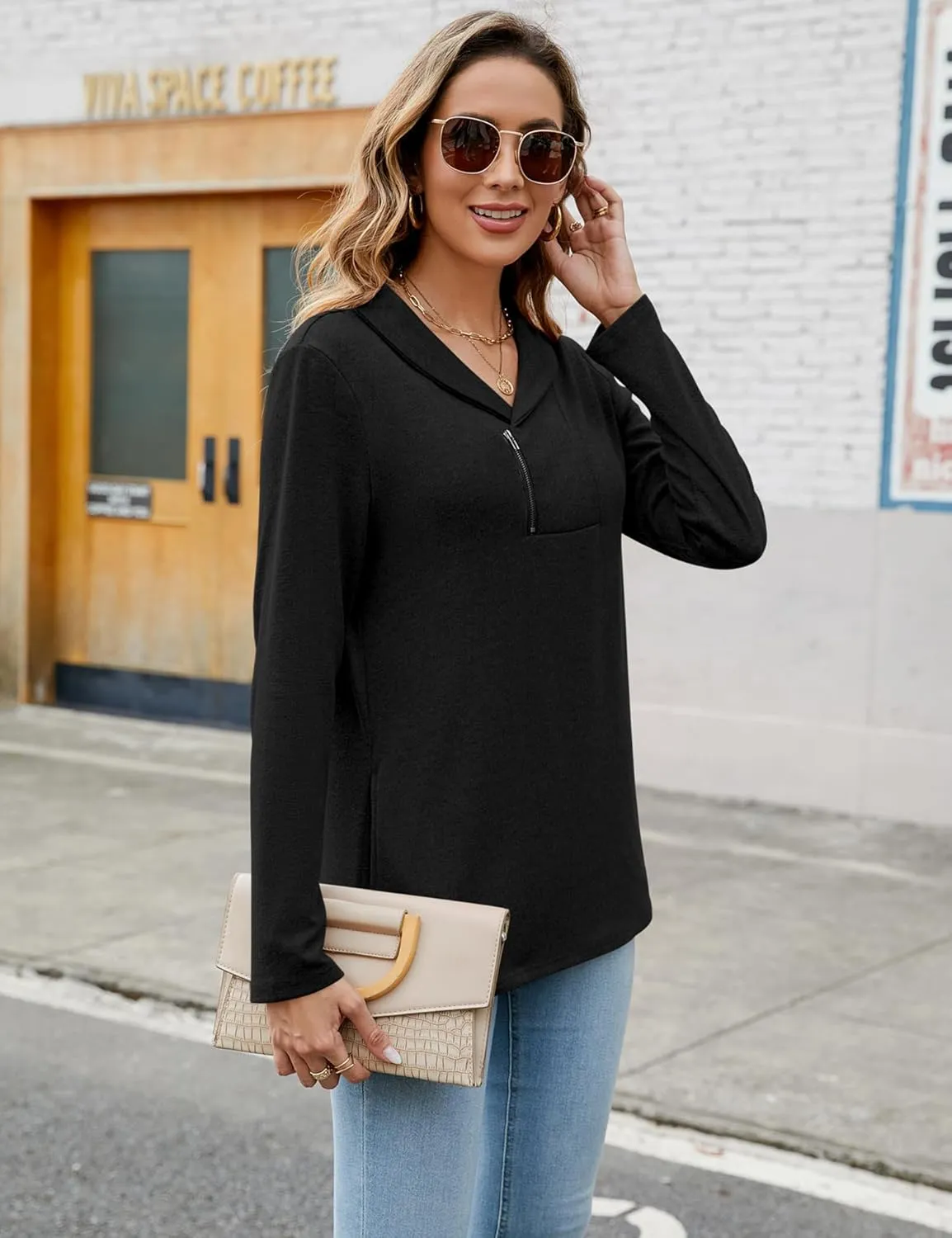 Romanstii Quarter Zip Sweatshirt for Women Fall Long Sleeve Cowl Neck Top 2024 Fashion Pullover with Pockets