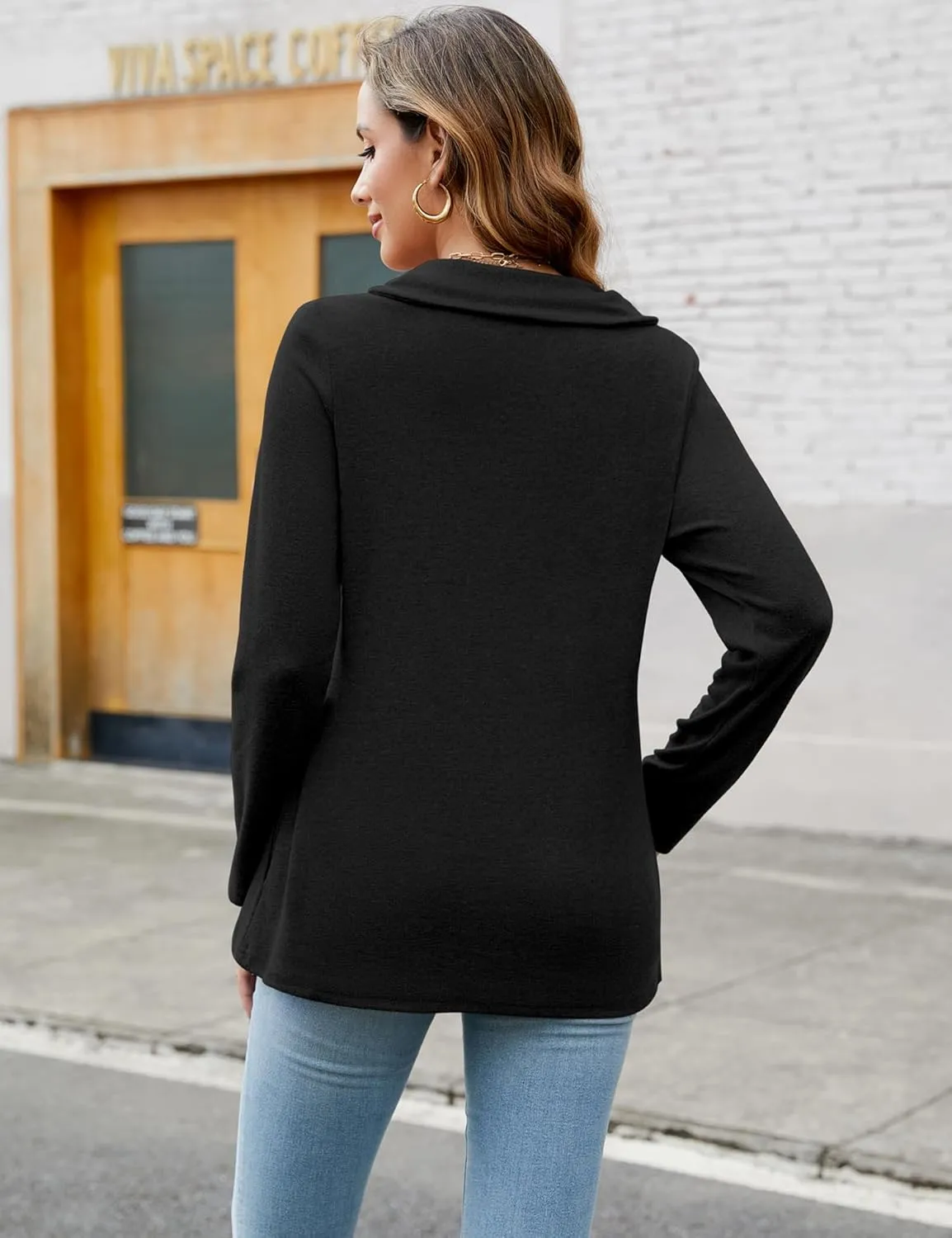 Romanstii Quarter Zip Sweatshirt for Women Fall Long Sleeve Cowl Neck Top 2024 Fashion Pullover with Pockets