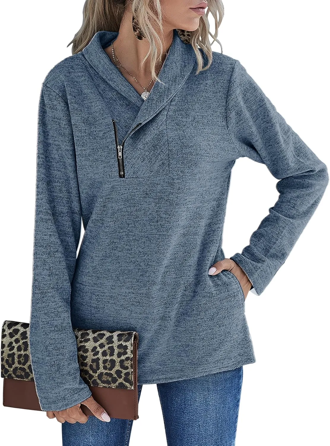 Romanstii Quarter Zip Sweatshirt for Women Fall Long Sleeve Cowl Neck Top 2024 Fashion Pullover with Pockets