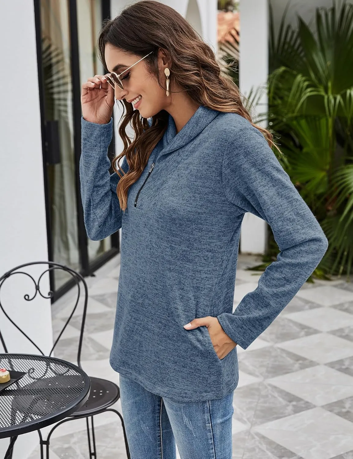 Romanstii Quarter Zip Sweatshirt for Women Fall Long Sleeve Cowl Neck Top 2024 Fashion Pullover with Pockets