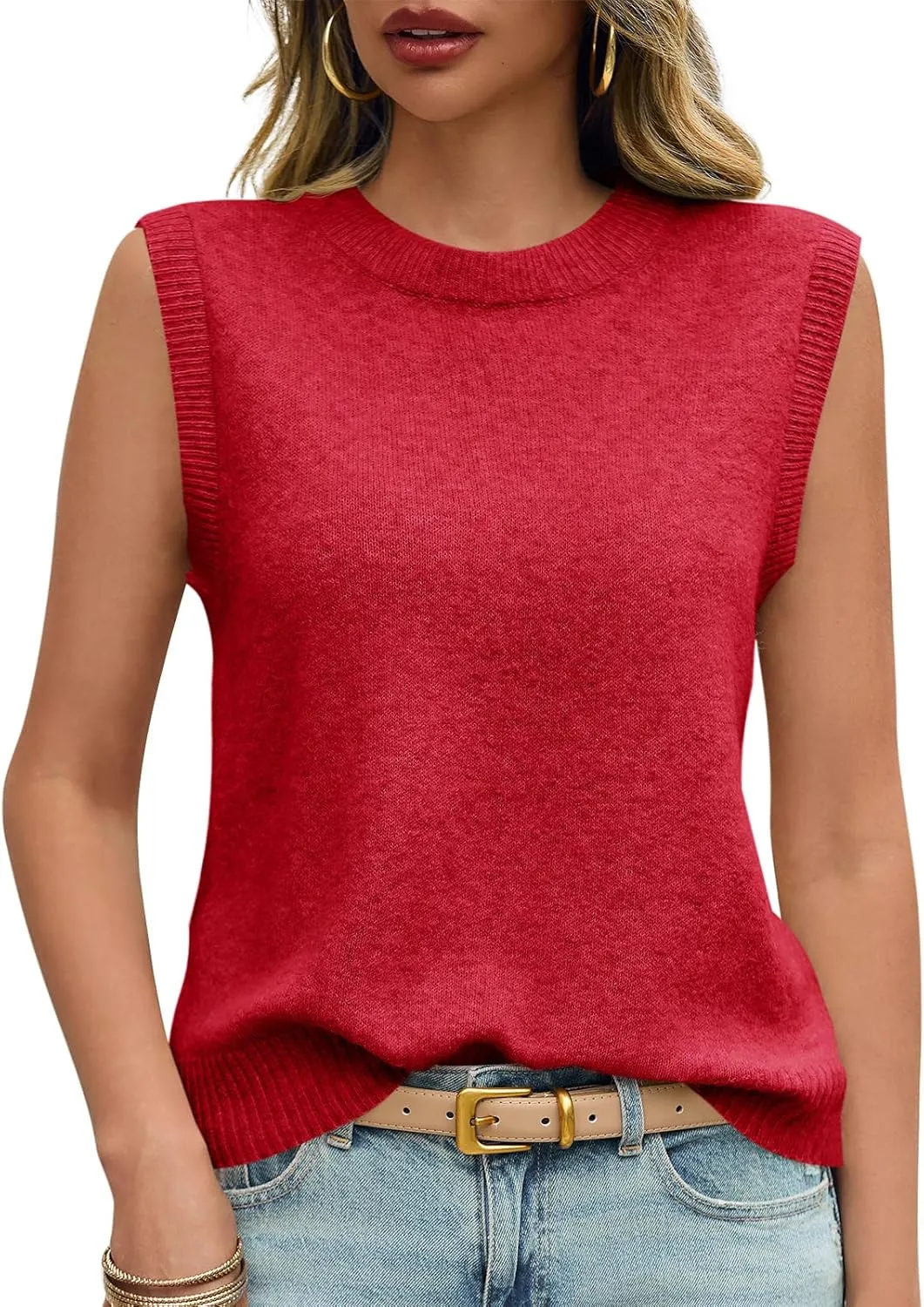 Saodimallsu Womens Sleeveless Sweater Vest Summer Casual Cap Sleeve Crew Neck Loose Knit Lightweight Pullover Tank Tops