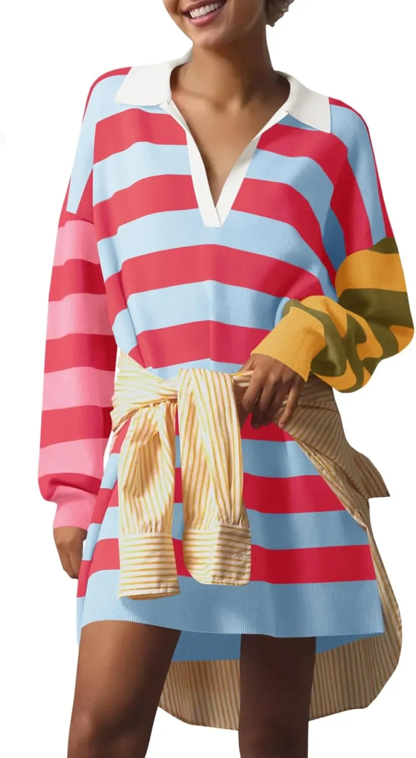 Saodimallsu Womens Striped Oversized Sweater Dress V Neck Collared Color Block Knit Long Sleeve Mini Dresses