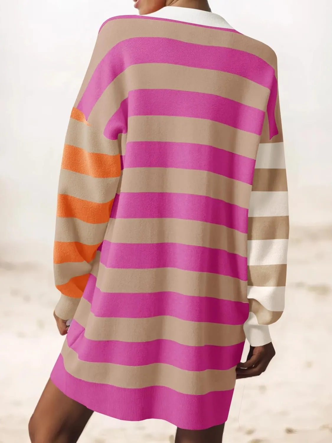 Saodimallsu Womens Striped Oversized Sweater Dress V Neck Collared Color Block Knit Long Sleeve Mini Dresses