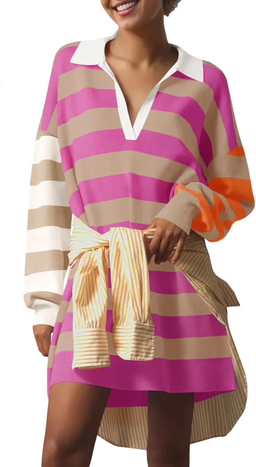 Saodimallsu Womens Striped Oversized Sweater Dress V Neck Collared Color Block Knit Long Sleeve Mini Dresses