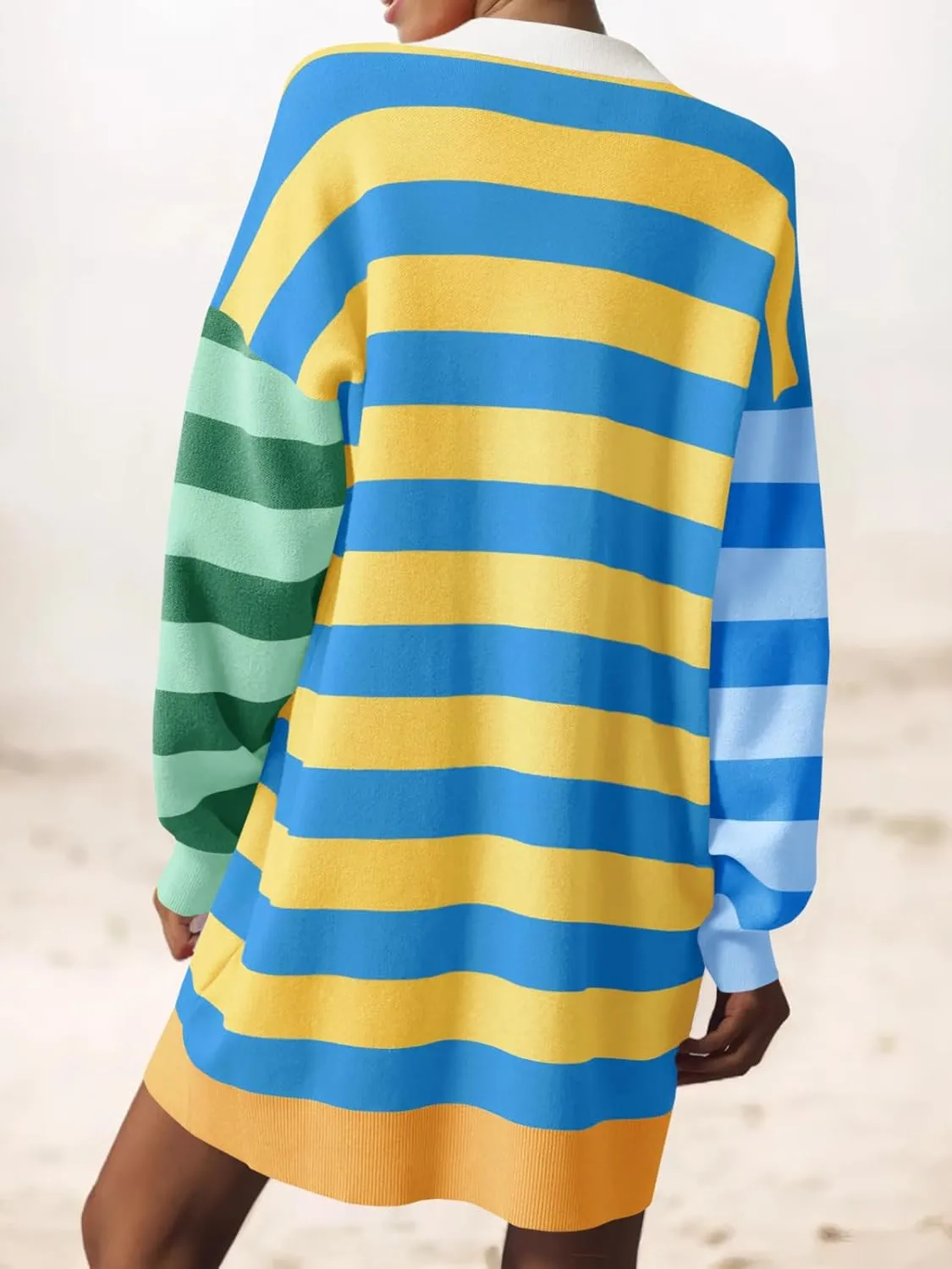 Saodimallsu Womens Striped Oversized Sweater Dress V Neck Collared Color Block Knit Long Sleeve Mini Dresses