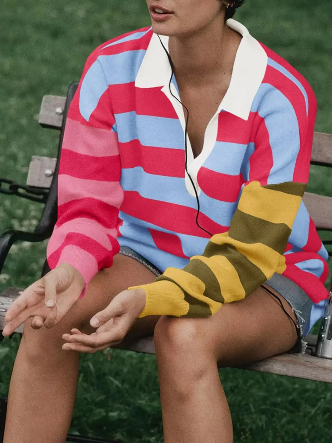 Saodimallsu Womens Striped Oversized Sweater Dress V Neck Collared Color Block Knit Long Sleeve Mini Dresses