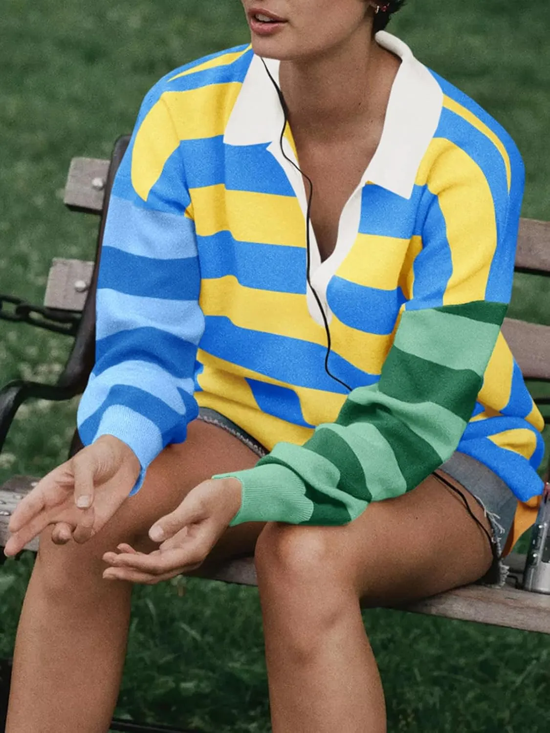 Saodimallsu Womens Striped Oversized Sweater Dress V Neck Collared Color Block Knit Long Sleeve Mini Dresses