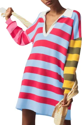 Saodimallsu Womens Striped Oversized Sweater Dress V Neck Collared Color Block Knit Long Sleeve Mini Dresses