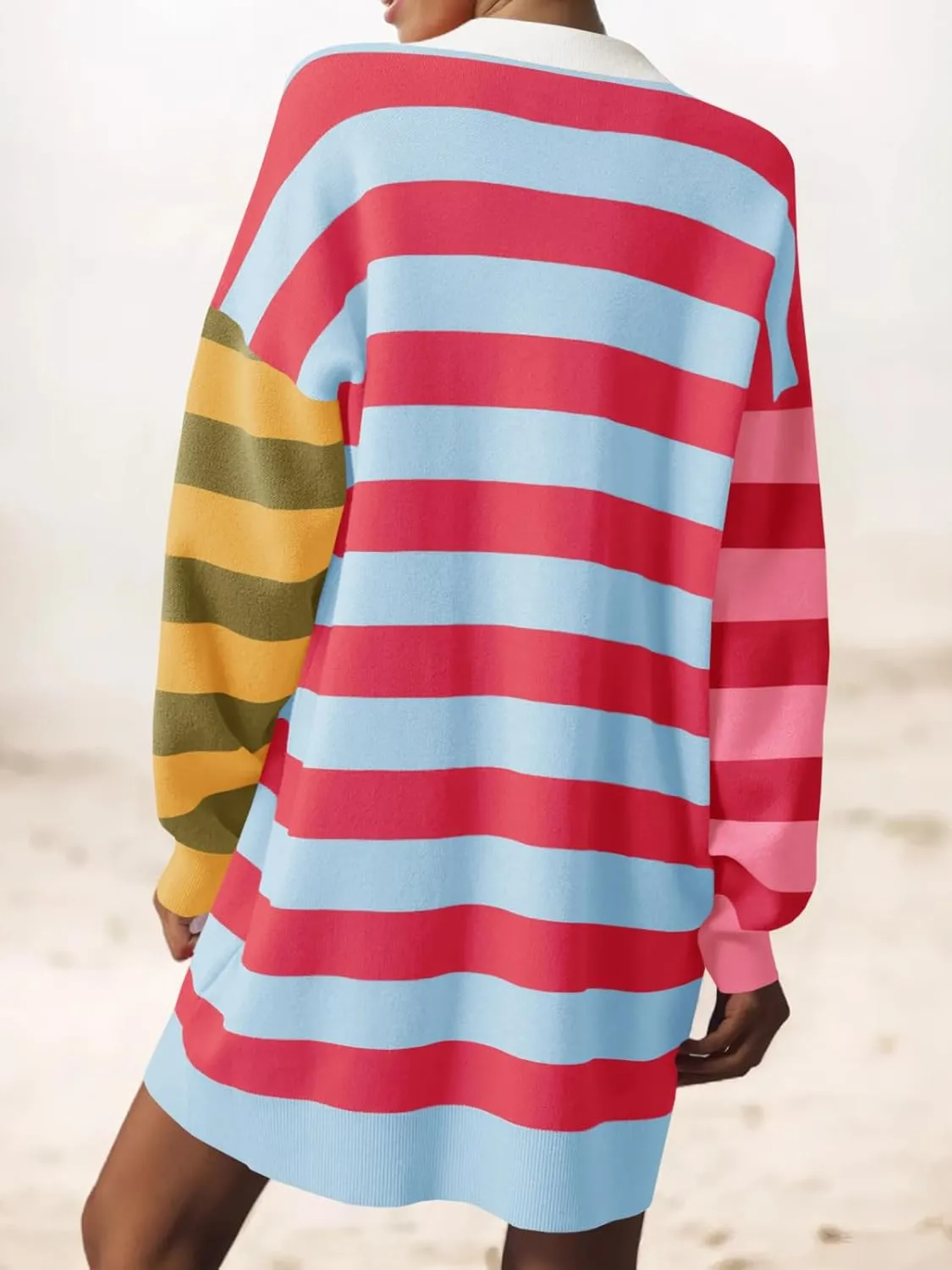 Saodimallsu Womens Striped Oversized Sweater Dress V Neck Collared Color Block Knit Long Sleeve Mini Dresses