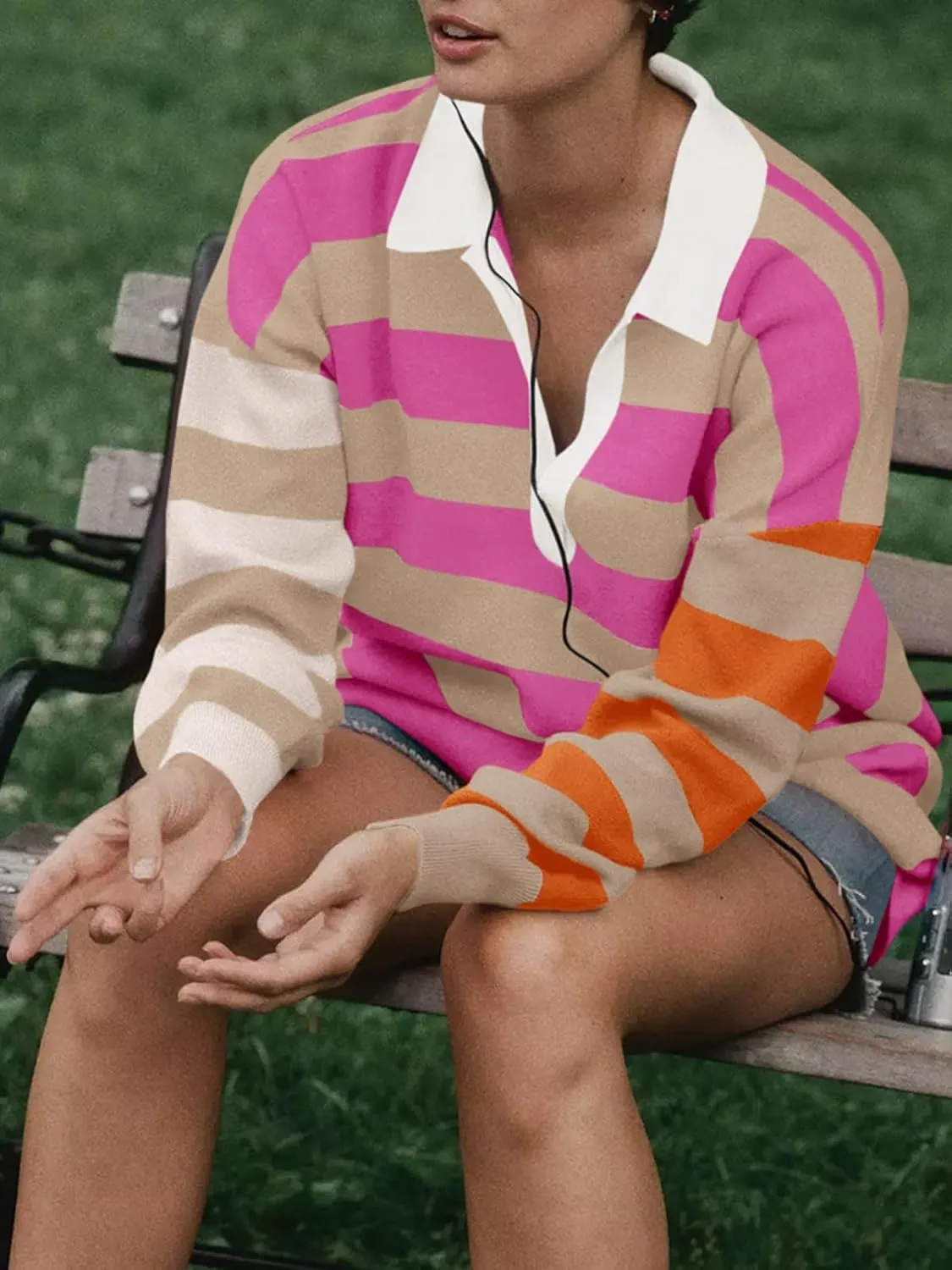 Saodimallsu Womens Striped Oversized Sweater Dress V Neck Collared Color Block Knit Long Sleeve Mini Dresses