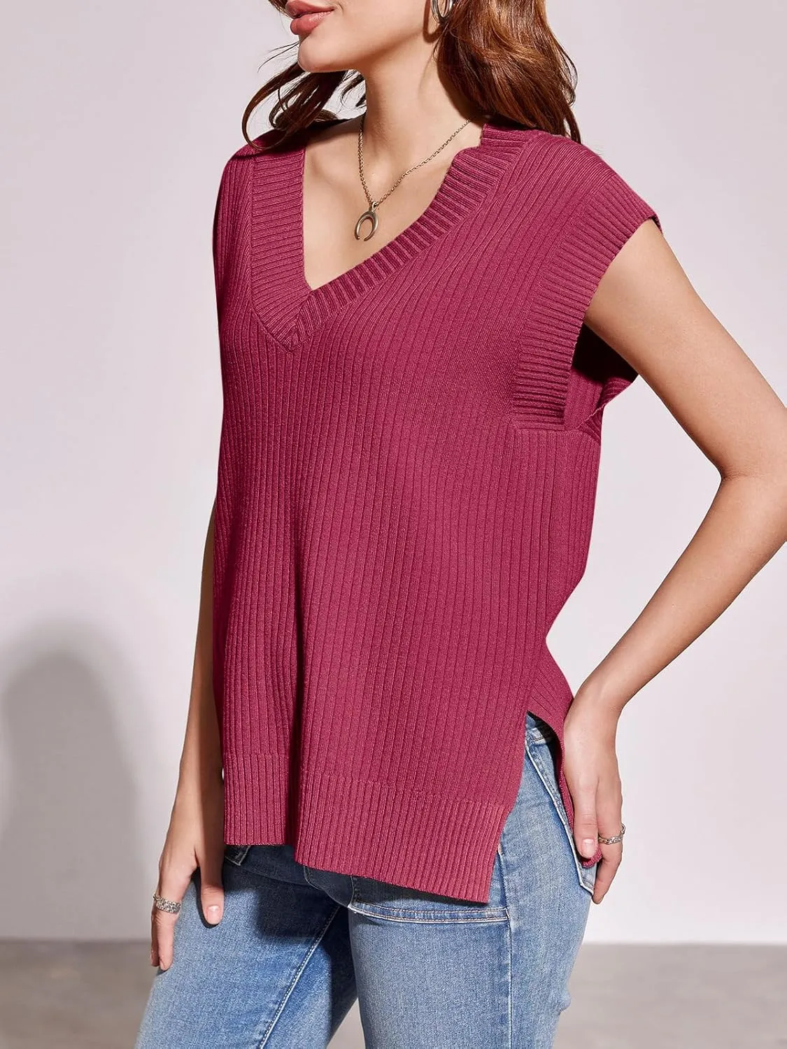 Saodimallsu Womens V Neck Sweater Vest Oversized Ribbed Knit Sleeveless Casual Loose Fit Pullover Tank Top