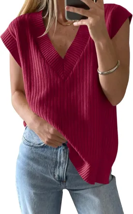 Saodimallsu Womens V Neck Sweater Vest Oversized Ribbed Knit Sleeveless Casual Loose Fit Pullover Tank Top