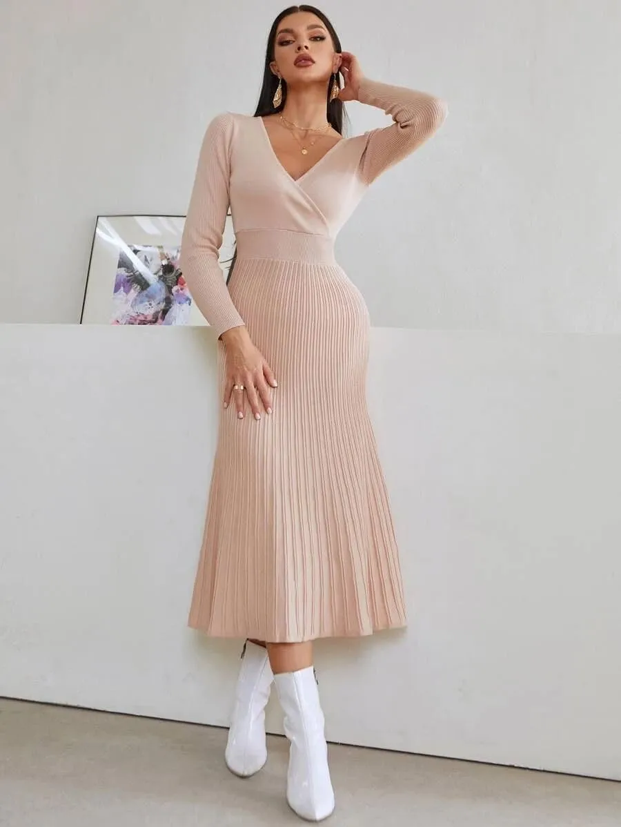 SISKIN Fall Dress & Sweater - V Neck, Long Sleeve, Elegant Wrap Dress