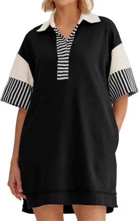Wenrine Women's Polo V Neck T Shirt Dress Casual Summer Oversized Color Block Short Sleeve Sweatshirt Mini Dresses