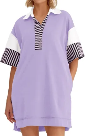 Wenrine Women's Polo V Neck T Shirt Dress Casual Summer Oversized Color Block Short Sleeve Sweatshirt Mini Dresses