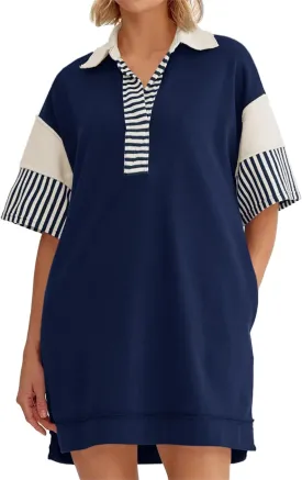 Wenrine Women's Polo V Neck T Shirt Dress Casual Summer Oversized Color Block Short Sleeve Sweatshirt Mini Dresses Wenrine Women's Polo V Neck T Shirt Dress Casual Summer Oversized Color Block Short Sleeve Sweatshirt Mini Dresses