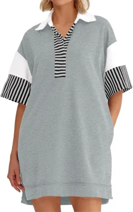 Wenrine Women's Polo V Neck T Shirt Dress Casual Summer Oversized Color Block Short Sleeve Sweatshirt Mini Dresses Wenrine Women's Polo V Neck T Shirt Dress Casual Summer Oversized Color Block Short Sleeve Sweatshirt Mini Dresses