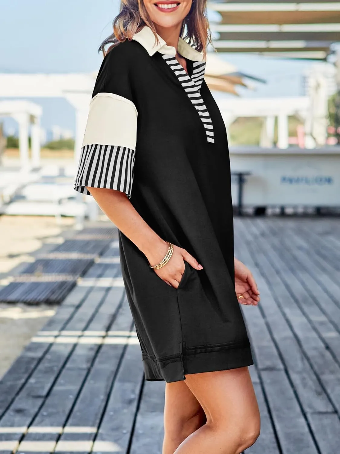 Wenrine Women's Polo V Neck T Shirt Dress Casual Summer Oversized Color Block Short Sleeve Sweatshirt Mini Dresses