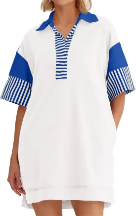 Wenrine Women's Polo V Neck T Shirt Dress Casual Summer Oversized Color Block Short Sleeve Sweatshirt Mini Dresses
