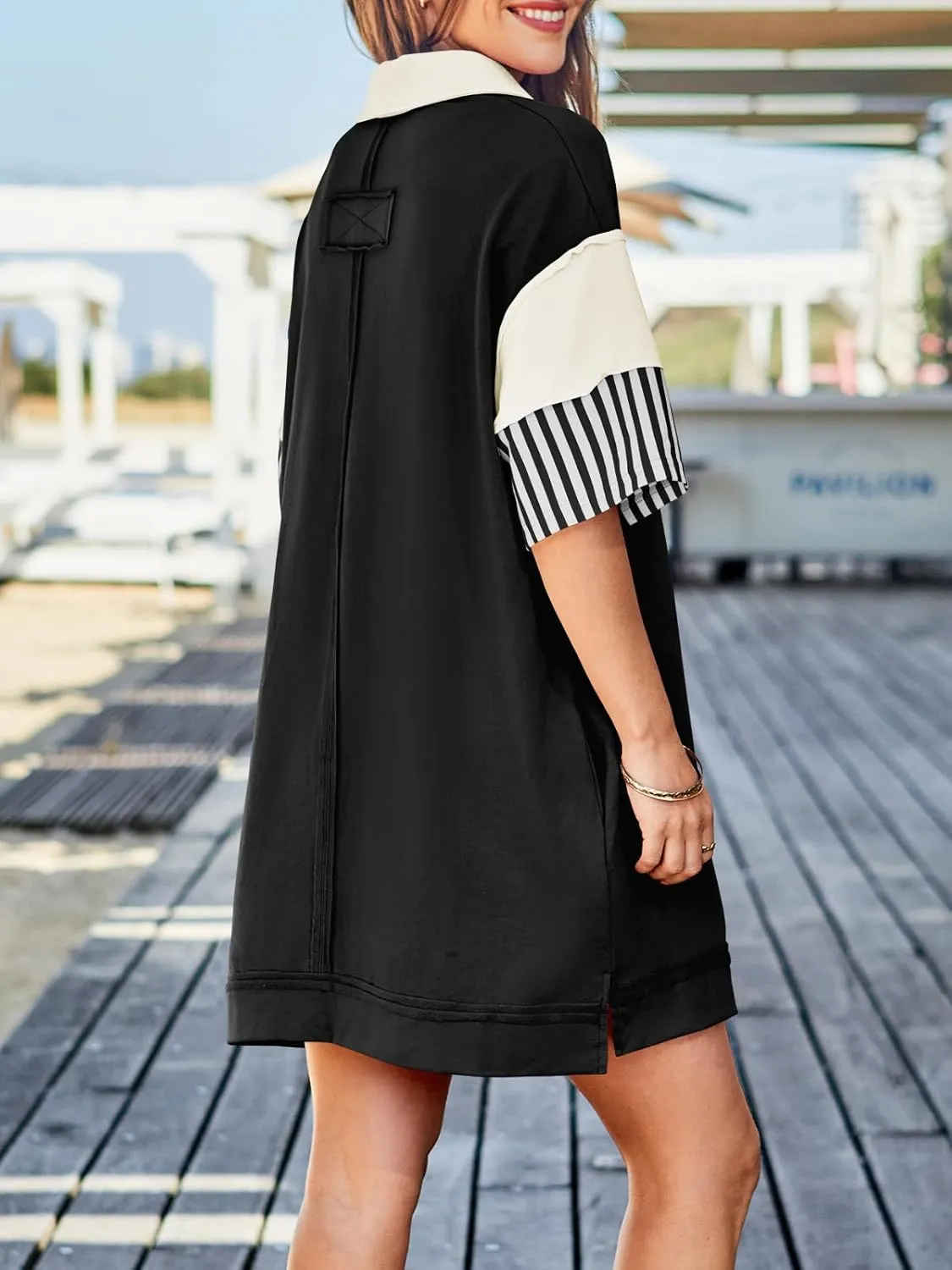 Wenrine Women's Polo V Neck T Shirt Dress Casual Summer Oversized Color Block Short Sleeve Sweatshirt Mini Dresses