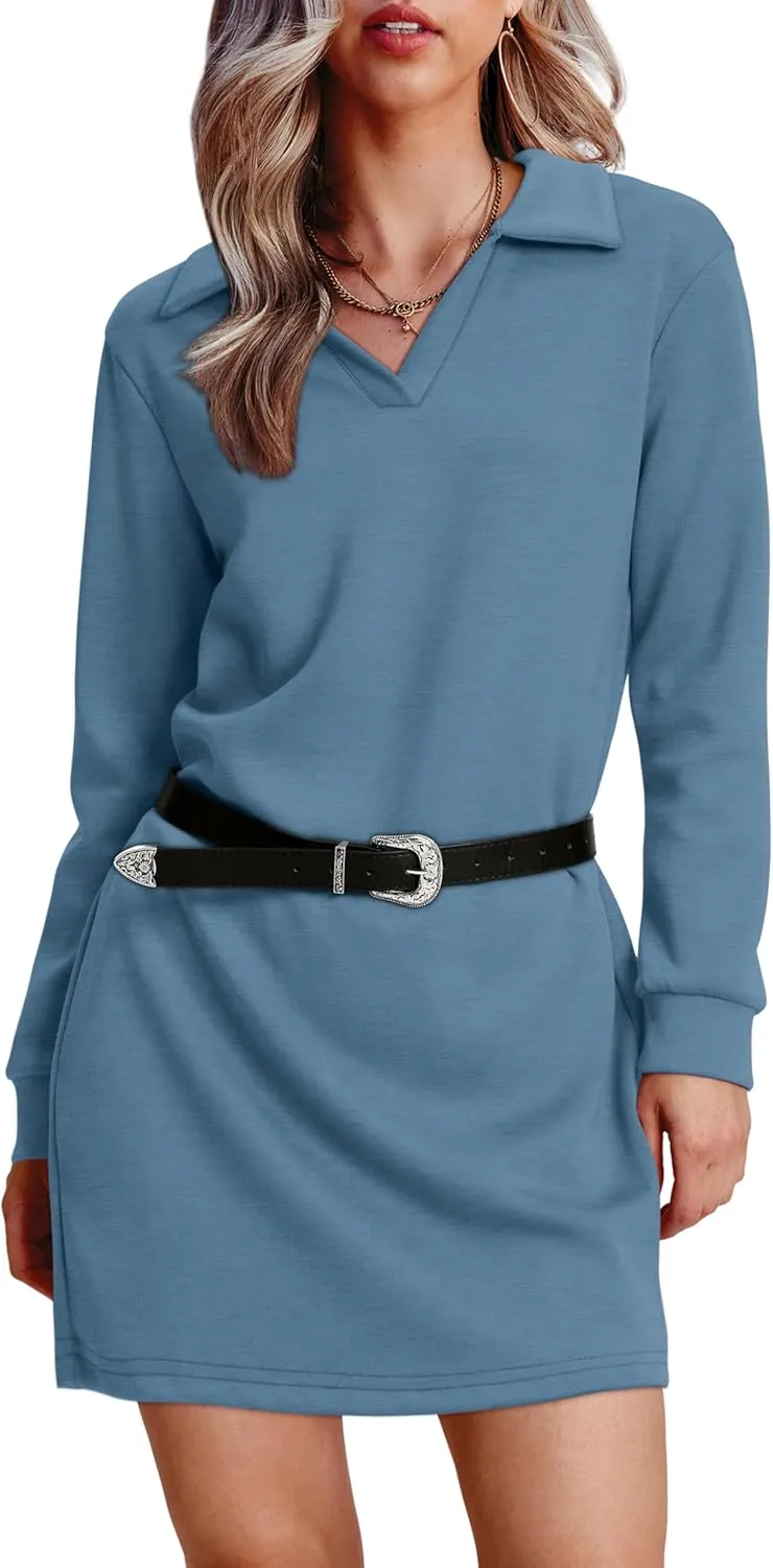 WIHOLL Womens Long Sleeve Lapel Collared V Neck Sweatshirt Dress Loose Fit Solid Color Mini Dresses Fall 2024