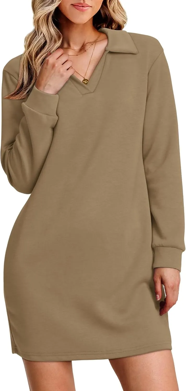 WIHOLL Womens Long Sleeve Lapel Collared V Neck Sweatshirt Dress Loose Fit Solid Color Mini Dresses Fall 2024