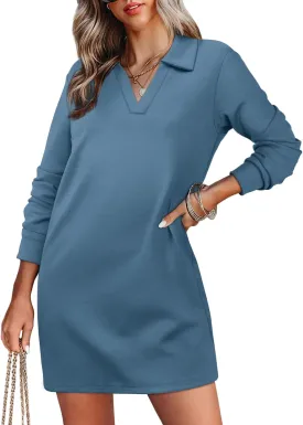 WIHOLL Womens Long Sleeve Lapel Collared V Neck Sweatshirt Dress Loose Fit Solid Color Mini Dresses Fall 2024
