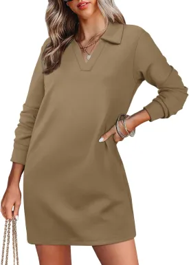 WIHOLL Womens Long Sleeve Lapel Collared V Neck Sweatshirt Dress Loose Fit Solid Color Mini Dresses Fall 2024 WIHOLL Womens Long Sleeve Lapel Collared V Neck Sweatshirt Dress Loose Fit Solid Color Mini Dresses Fall 2024