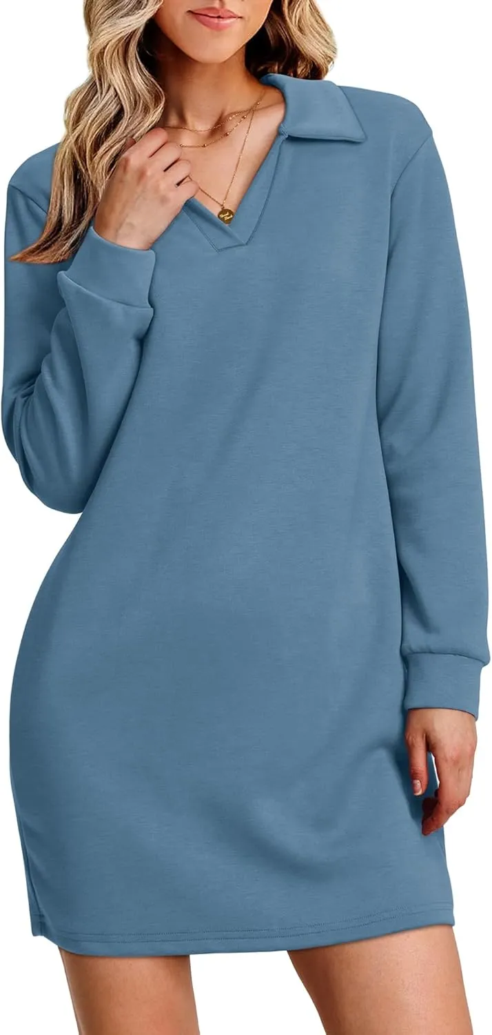 WIHOLL Womens Long Sleeve Lapel Collared V Neck Sweatshirt Dress Loose Fit Solid Color Mini Dresses Fall 2024