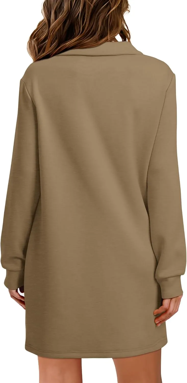 WIHOLL Womens Long Sleeve Lapel Collared V Neck Sweatshirt Dress Loose Fit Solid Color Mini Dresses Fall 2024