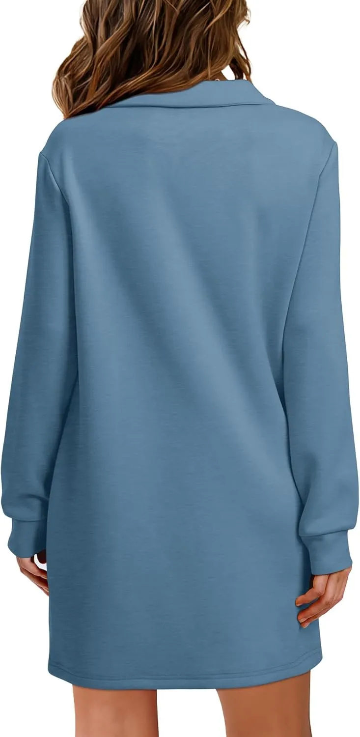 WIHOLL Womens Long Sleeve Lapel Collared V Neck Sweatshirt Dress Loose Fit Solid Color Mini Dresses Fall 2024