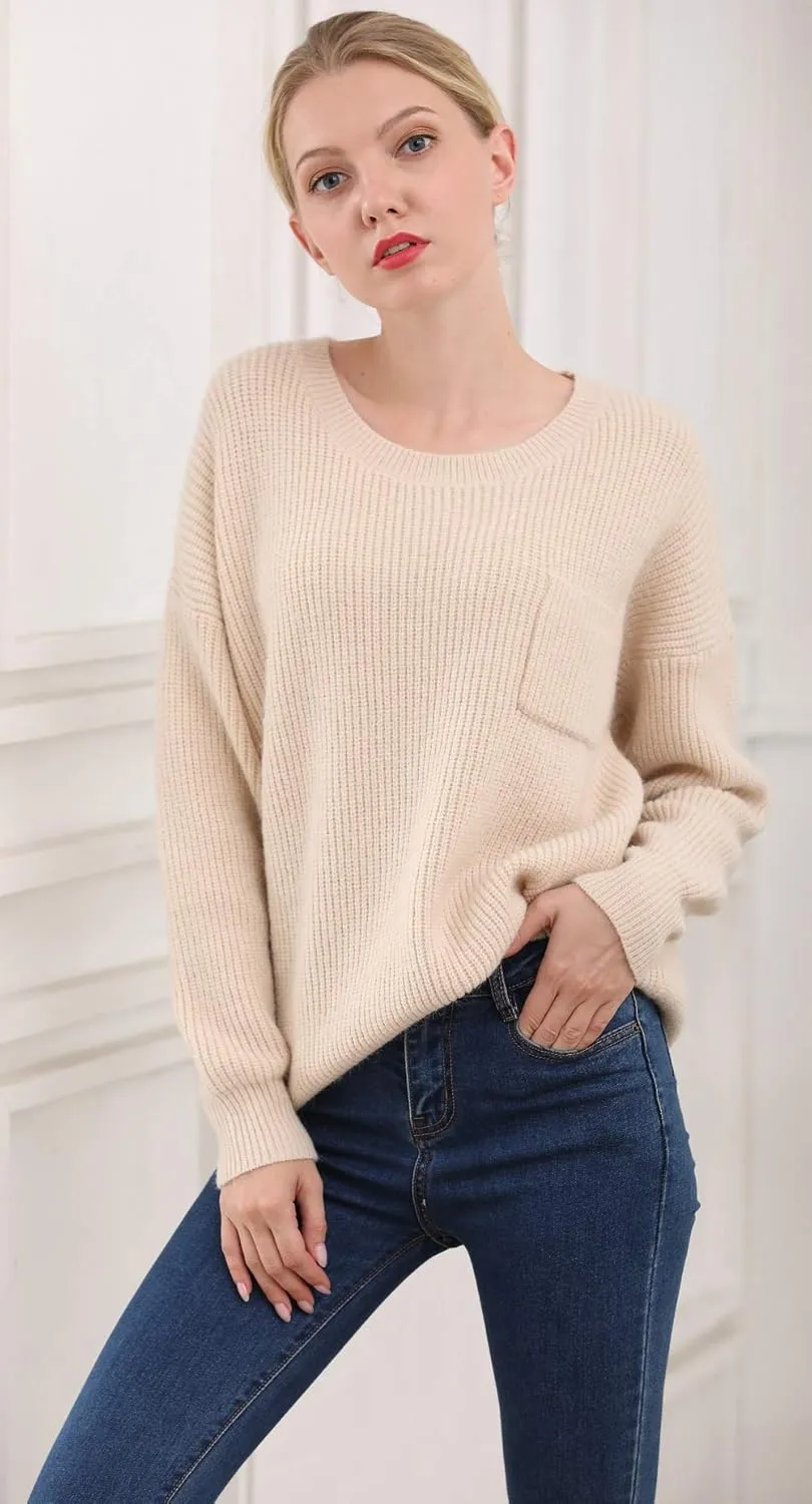 Women's Casual Unbalanced Crew Neck Knit Sweater Loose Pullover Cardigan