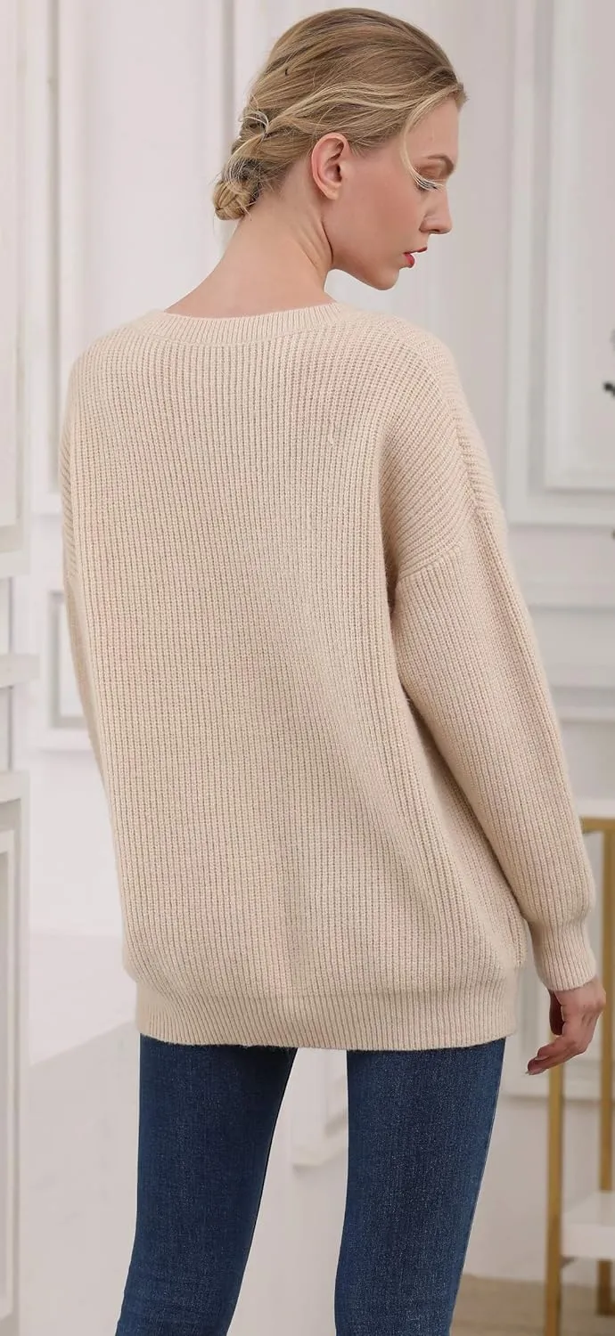 Women's Casual Unbalanced Crew Neck Knit Sweater Loose Pullover Cardigan