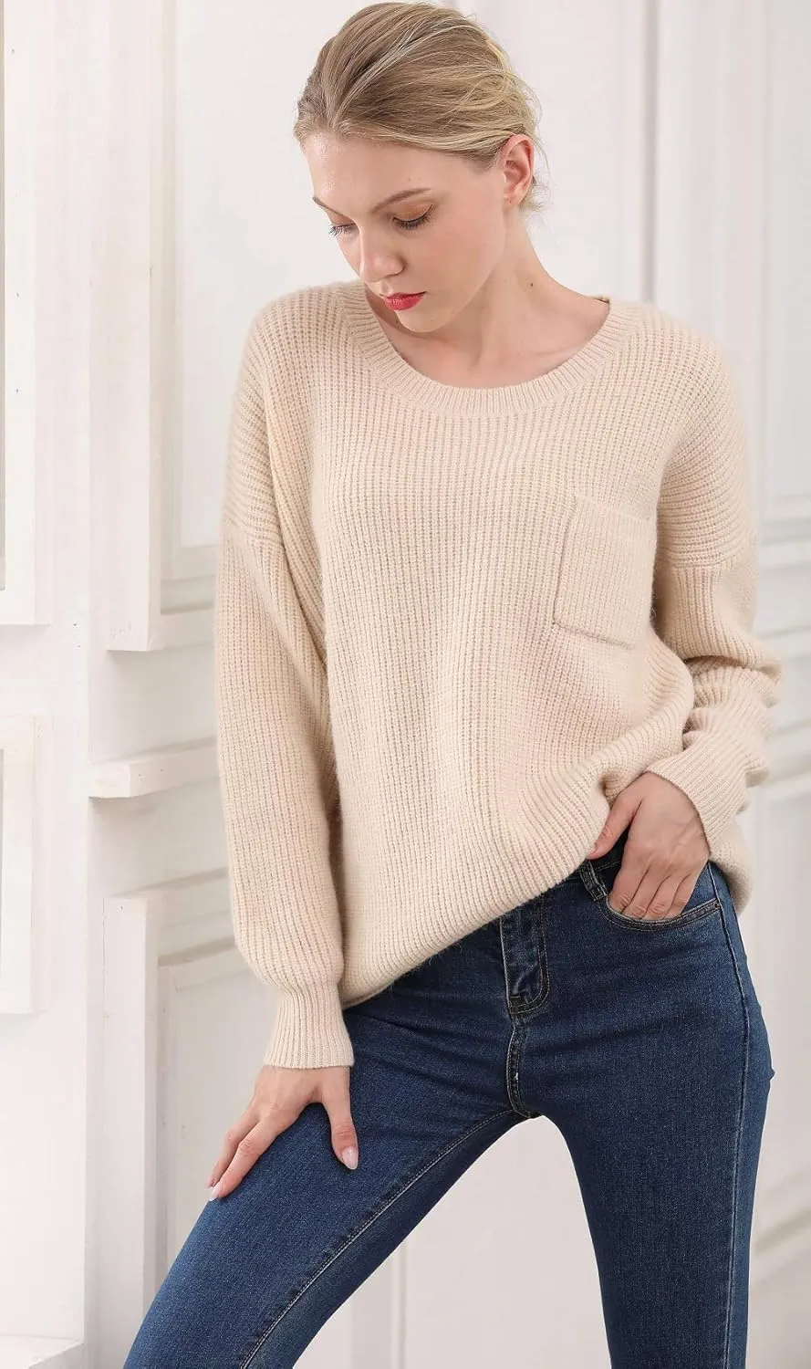Women's Casual Unbalanced Crew Neck Knit Sweater Loose Pullover Cardigan