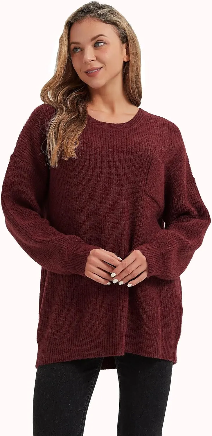 Women's Casual Unbalanced Crew Neck Knit Sweater Loose Pullover Cardigan