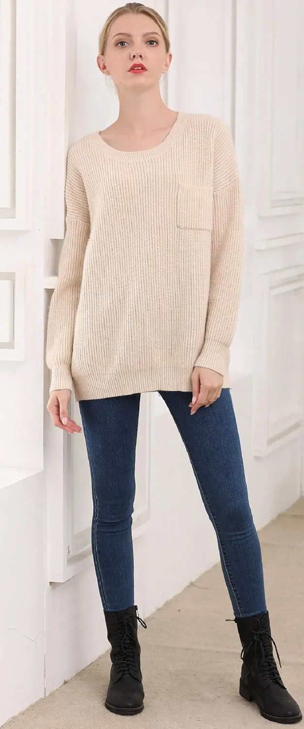 Women's Casual Unbalanced Crew Neck Knit Sweater Loose Pullover Cardigan